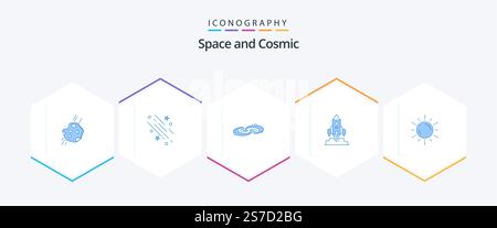 Space 25 Blue icon pack including startup. rocket. space. universe. planets Stock Vector