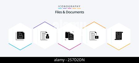 Files And Documents 25 Glyph icon pack including document. data. padlock. duplicate. data Stock Vector