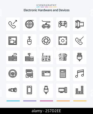 Creative Devices 25 OutLine icon pack  Such As camera. roll. controller. photo. camera Stock Vector