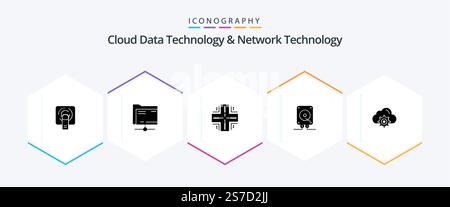 Cloud Data Technology And Network Technology 25 Glyph icon pack including cloud. computing. computing. audio. server Stock Vector
