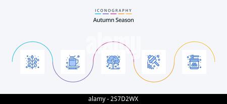 Autumn Blue 5 Icon Pack Including jar. honey. tea. fall. tree Stock Vector