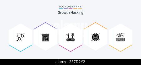 Hacking 25 Glyph icon pack including settings. error. error. defect. router Stock Vector