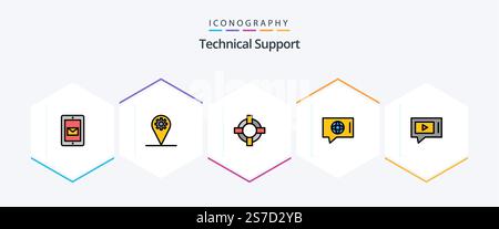 Technical Support 25 FilledLine icon pack including video. chat. help. service. world Stock Vector