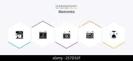 Electronics 25 Glyph icon pack including . light bulb. lense. light. music Stock Vector