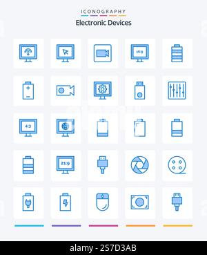 Creative Devices 25 Blue icon pack  Such As entertainment. video. display. record. energy Stock Vector