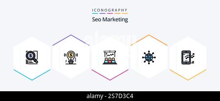 Seo Marketing 25 FilledLine icon pack including world. connect. dollar. marketing. user Stock Vector