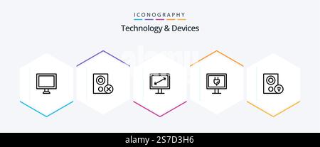 Devices 25 Line icon pack including hardware. devices. diagonal. computers. internet Stock Vector