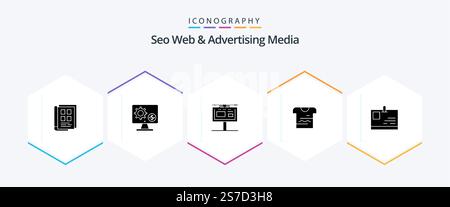 Seo Web And Advertising Media 25 Glyph icon pack including t-shirt. branding. setting. advertising. bill board Stock Vector