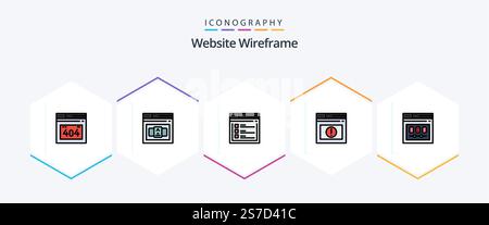 Website Wireframe 25 FilledLine icon pack including template. browser. web. website. alert Stock Vector