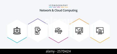 Network And Cloud Computing 25 Line icon pack including transfer. mobile. databases. computing. monitor Stock Vector