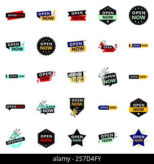 Open now graphics pack 25 fully editable designs included Stock Vector