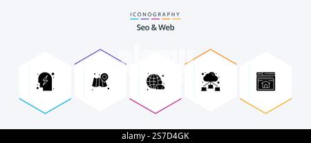 Seo and Web 25 Glyph icon pack including home page. web. globe. seo. network Stock Vector
