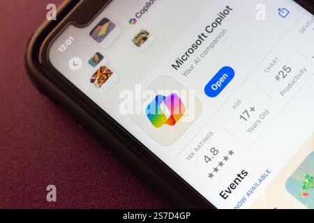 Microsoft Copilot app is displayed on the App Store. Copilot is an AI assistant integrated into Microsoft 365, designed to enhance productivity. Stock Photo