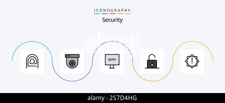 Security Line Filled Flat 5 Icon Pack Including unlock. safety. camera. padlock. video Stock Vector