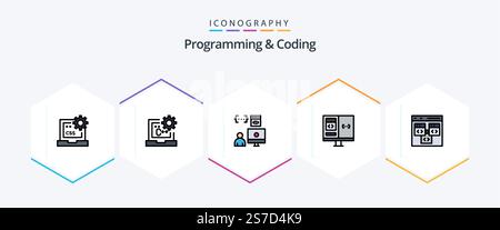 Programming And Coding 25 FilledLine icon pack including computer. app. develop. programmer. develop Stock Vector