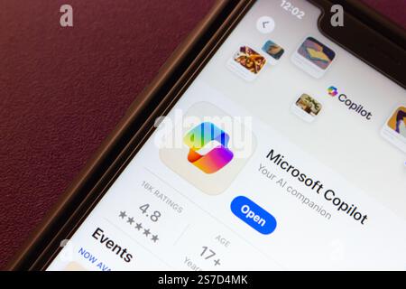 Microsoft Copilot app is displayed on the App Store. Copilot is an AI assistant integrated into Microsoft 365, designed to enhance productivity. Stock Photo