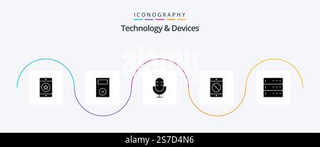Devices Glyph 5 Icon Pack Including devices. cellphone. products. record. microphone Stock Vector