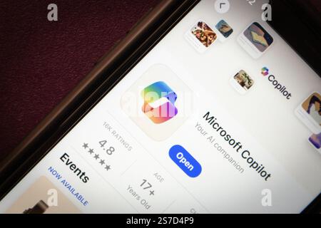 Microsoft Copilot app is displayed on the App Store. Copilot is an AI assistant integrated into Microsoft 365, designed to enhance productivity. Stock Photo
