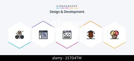 Design and Development 25 FilledLine icon pack including development. coding. page. web development. web content Stock Vector