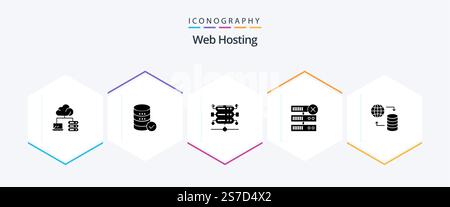Web Hosting 25 Glyph icon pack including . delete . web. database . server Stock Vector