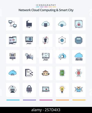 Creative Network Cloud Computing And Smart City 25 Line FIlled icon pack  Such As city. flow. factory. data. storage Stock Vector