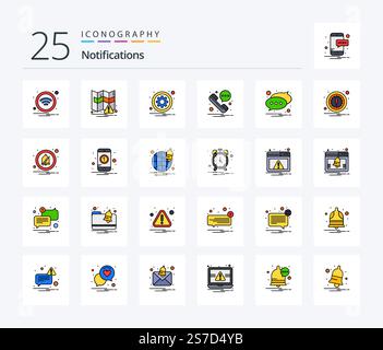 Notifications 25 Line Filled icon pack including message. chat. gear. sms. message Stock Vector