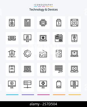 Creative Devices 25 OutLine icon pack  Such As hardware. hard disk. devices. gadgets. power Stock Vector