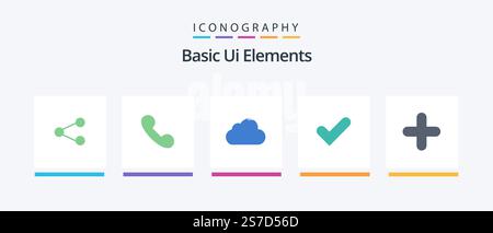 Basic Ui Elements Flat 5 Icon Pack Including new. good. cloud. tick. check. Creative Icons Design Stock Vector