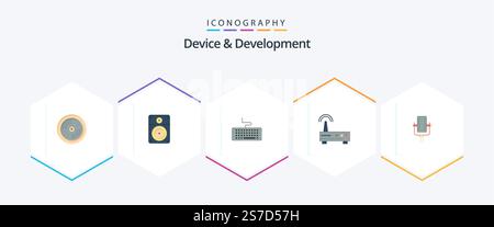 Device And Development 25 Flat icon pack including multimedia. education. key. signal. device Stock Vector