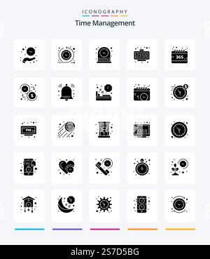 Creative Time Management 25 Glyph Solid Black icon pack  Such As watch. new year. time process. minute. watch Stock Vector