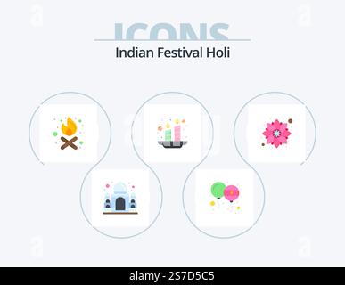 Holi Flat Icon Pack 5 Icon Design. rangoli. decoration. bonfire. light. holi Stock Vector