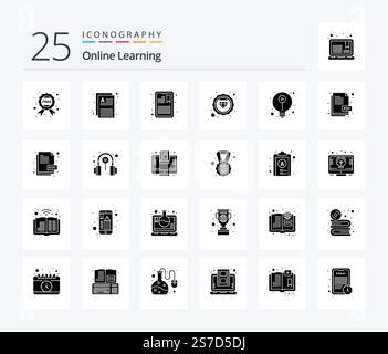 Online Learning 25 Solid Glyph icon pack including elearning. badge. attention. study. diamond Stock Vector