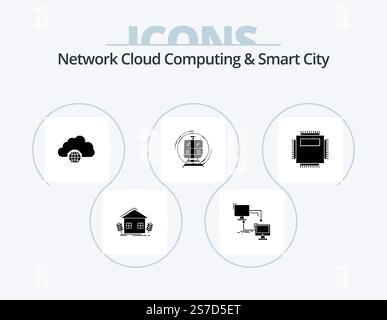 Network Cloud Computing And Smart City Glyph Icon Pack 5 Icon Design. smart. metro. sync. infrastructure. globe Stock Vector