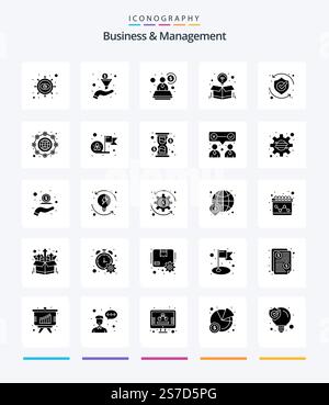 Creative Business And Management 25 Glyph Solid Black icon pack  Such As security. protect. consultant. offer. idea Stock Vector