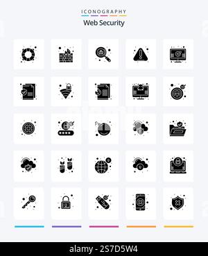Creative Web Security 25 Glyph Solid Black icon pack  Such As page. mark. virus. check. notice Stock Vector