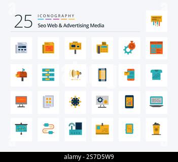 Seo Web And Advertising Media 25 Flat Color icon pack including watch. gear. branding. time. fax machine Stock Vector