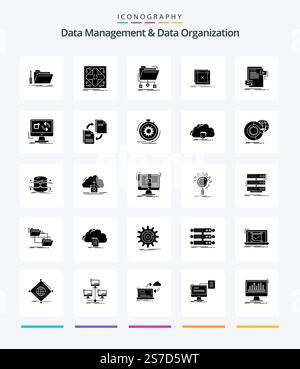 Creative Data Management And Data Organization 25 Glyph Solid Black icon pack  Such As message. error. matrix. network. files Stock Vector