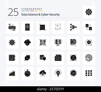 Data Science And Cyber Security 25 Solid Glyph icon pack including learning. instructure data. elearning. data. scince Stock Vector