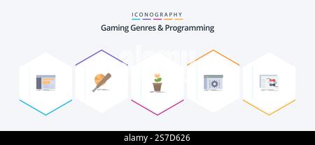 Gaming Genres And Programming 25 Flat icon pack including app. plant. ball. obstacle. game Stock Vector