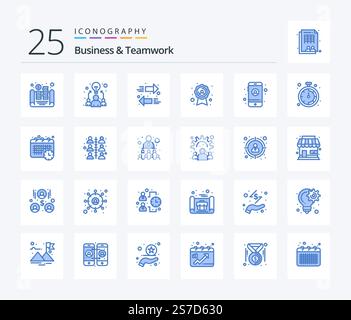 Business And Teamwork 25 Blue Color icon pack including business. mobile. arrow. account. quality badge Stock Vector