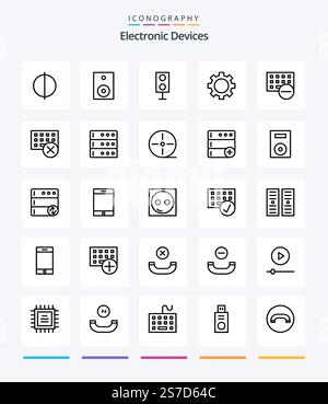Creative Devices 25 OutLine icon pack  Such As data. hardware. devices. gadget. computers Stock Vector