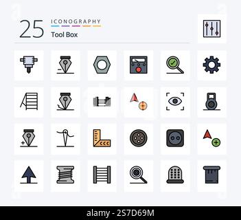 Tools 25 Line Filled icon pack including stairs. tools. meter. settings. search Stock Vector