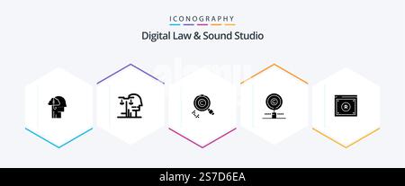 Digital Law And Sound Studio 25 Glyph icon pack including digital. business. judgment. property. find Stock Vector
