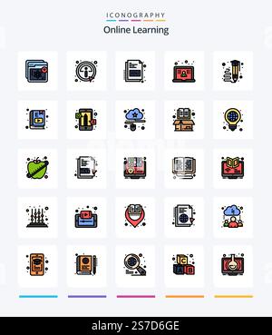 Creative Online Learning 25 Line FIlled icon pack  Such As art. school. information. learning. online Stock Vector