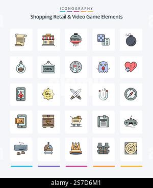 Creative Shoping Retail And Video Game Elements 25 Line FIlled icon pack  Such As bomb. gaming. store. dice. spacecraft Stock Vector
