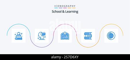School And Learning Blue 5 Icon Pack Including . cd. education. world. files Stock Vector