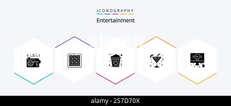 Entertainment 25 Glyph icon pack including beverage. drink. tic tac toe. glass. snack Stock Vector