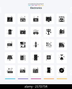 Creative Electronics 25 Glyph Solid Black icon pack  Such As battery. system. lense. home. device Stock Vector
