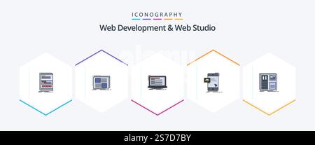 Web Development And Web Studio 25 FilledLine icon pack including dialog. script. page. monoblock. coding Stock Vector