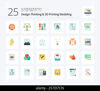 Design Thinking And D Printing Modeling 25 Flat Color icon pack including screen . fly. wireframing. wallpaper. brusher Stock Vector
